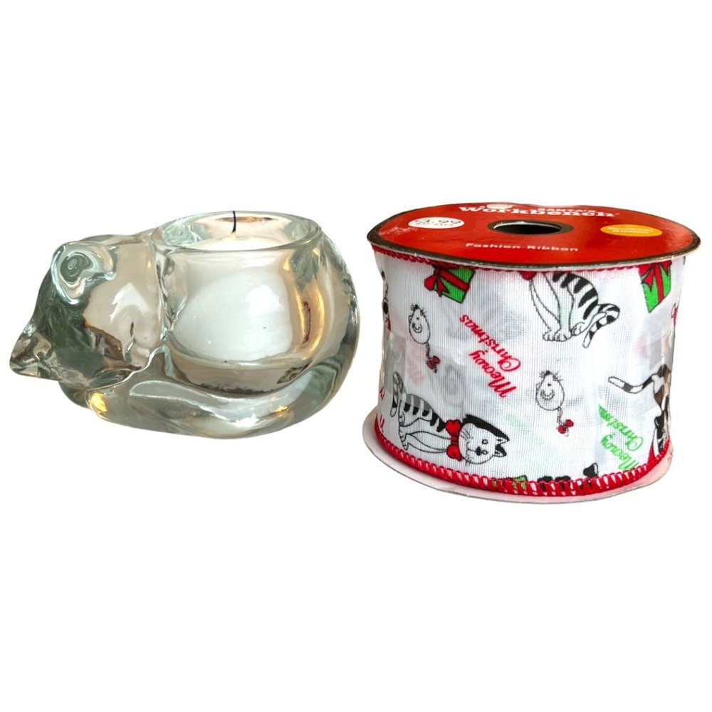 2 Items: INDIANA GLASS Cat Votive Candle Holder & NWT Kitty Ribbon Feline Meow - Picture 9 of 12